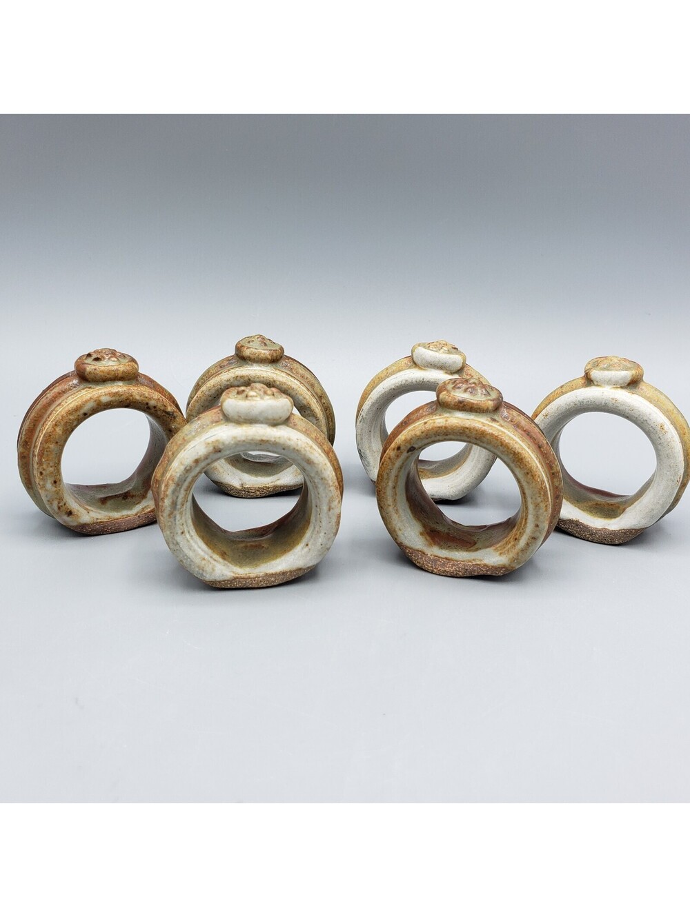 Artisan Handmade Pottery Napkin Rings Stoneware Set of 6 Earth Tones Rustic